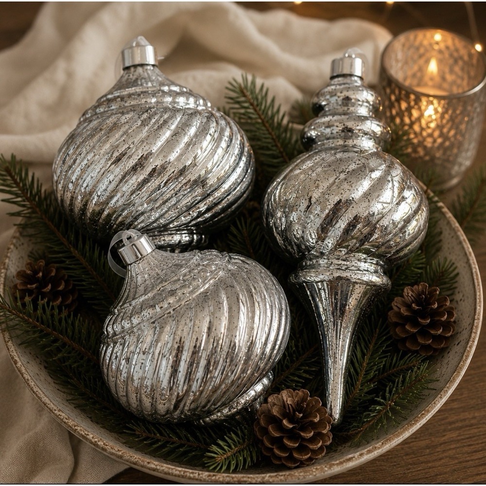 NWT Set of 3 Silver Mercury Glass Finish Shatter Resist Finial Ornaments 6" F/W‎